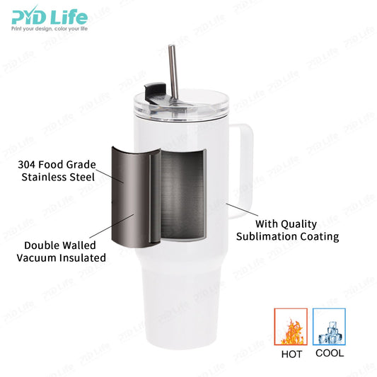 PYD Life 40oz Travel Mug Double Wall Stainless Steel Sublimation Blank Tumbler Custom Cup with Metal Handle